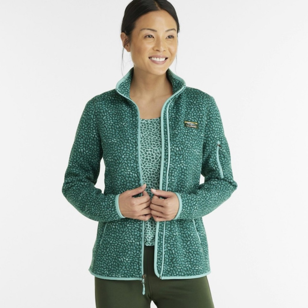 LL Bean Sweater Fleece Full-Zip Jacket Dark Pine Geo Teal Size XL - Picture 2 of 11